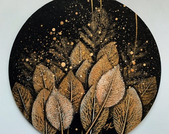 Gold and Black magic leaves painting Natural leaves painting on canvas board Cosmic black and gold abstract painting