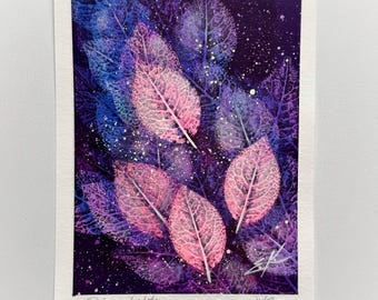 Polar lights #4 leaves painting on paper Purple Pink leaves Green Cosmic painting Botanical painting Leaf impressions painting