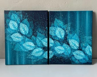 Soulmates Diptych painting Blue leaves painting Botanical Deep blue painting Starry sky painting