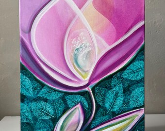 The Flower / Flower painting / Magenta Green flower painting Spring flower painting Leaf painting