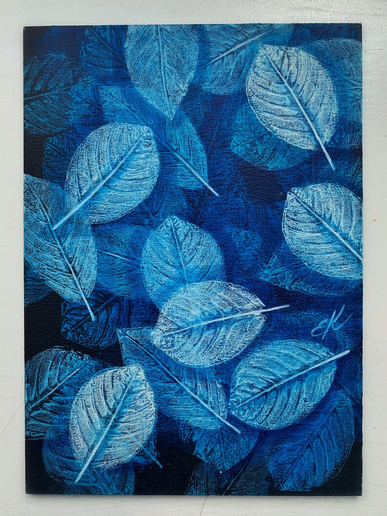 Peinture de feuilles d'océan Peinture imprimée de feuilles bleues profondes à bord image 2