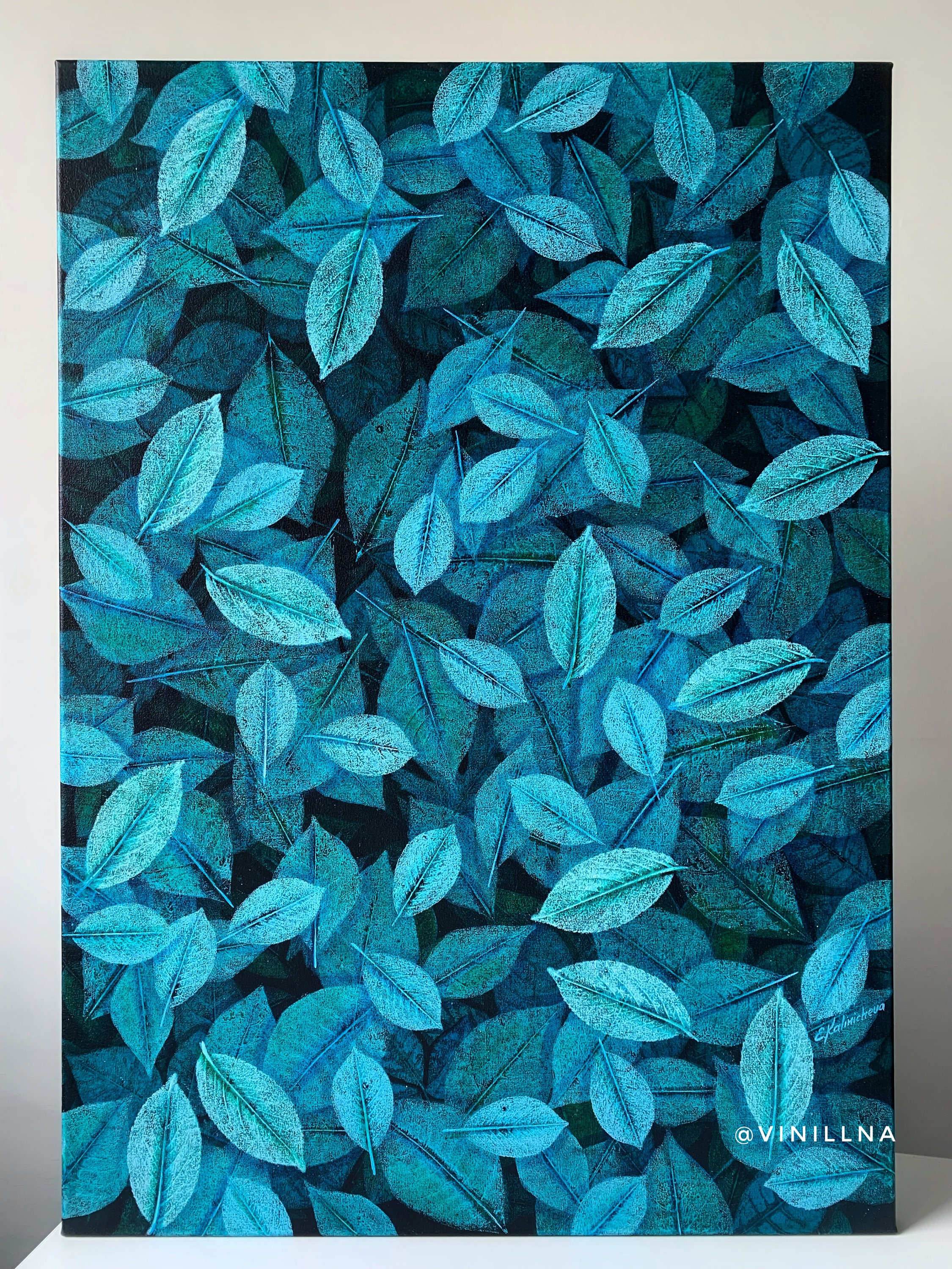 Blue leaves painting Botanical painting Blue deep leaves
