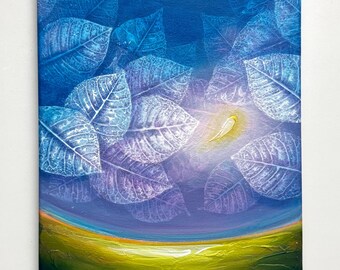The Light of the evening sky Leaf impressions painting Blue Purple sky painting on canvas