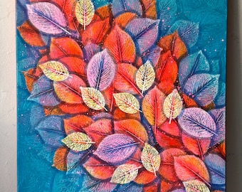 Summer day painting Orange Sky blue leaves painting Botanical painting Leaf impressions painting Summer sky painting Summer leaves painting