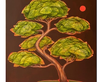 Bonsai tree / Original canvas painting/ Sunrise tree painting on canvas Leaves impressions painting / Botanical