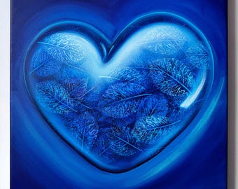 Sapphire heart painting Blue heart painting Botanical Gemstone painting Leaf imprint painting Deep blue painting