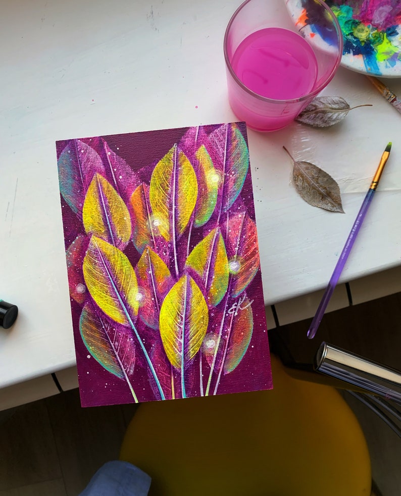 Magic Forest Leaves Painting Leaves Print Painting on Board Etsy