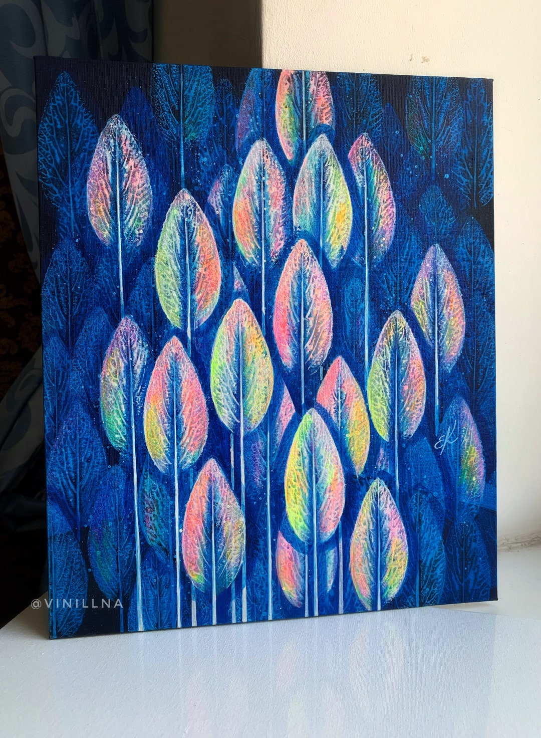 Magic Forest Leaves Painting Natural Blue and Rainbow Leaves Etsy