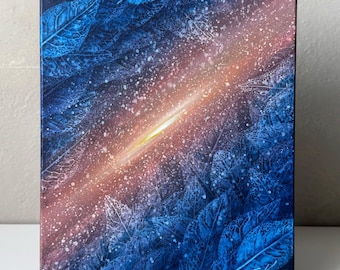 Somnium Cosmic leaves painting Night sky Leaf impressions painting Dark blue Orange painting on canvas Wall decor Painting