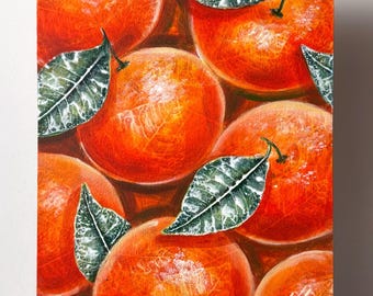 Winter Tangerines painting /Original painting on fiberboard / Orange painting / Leaves impressions / Botanical
