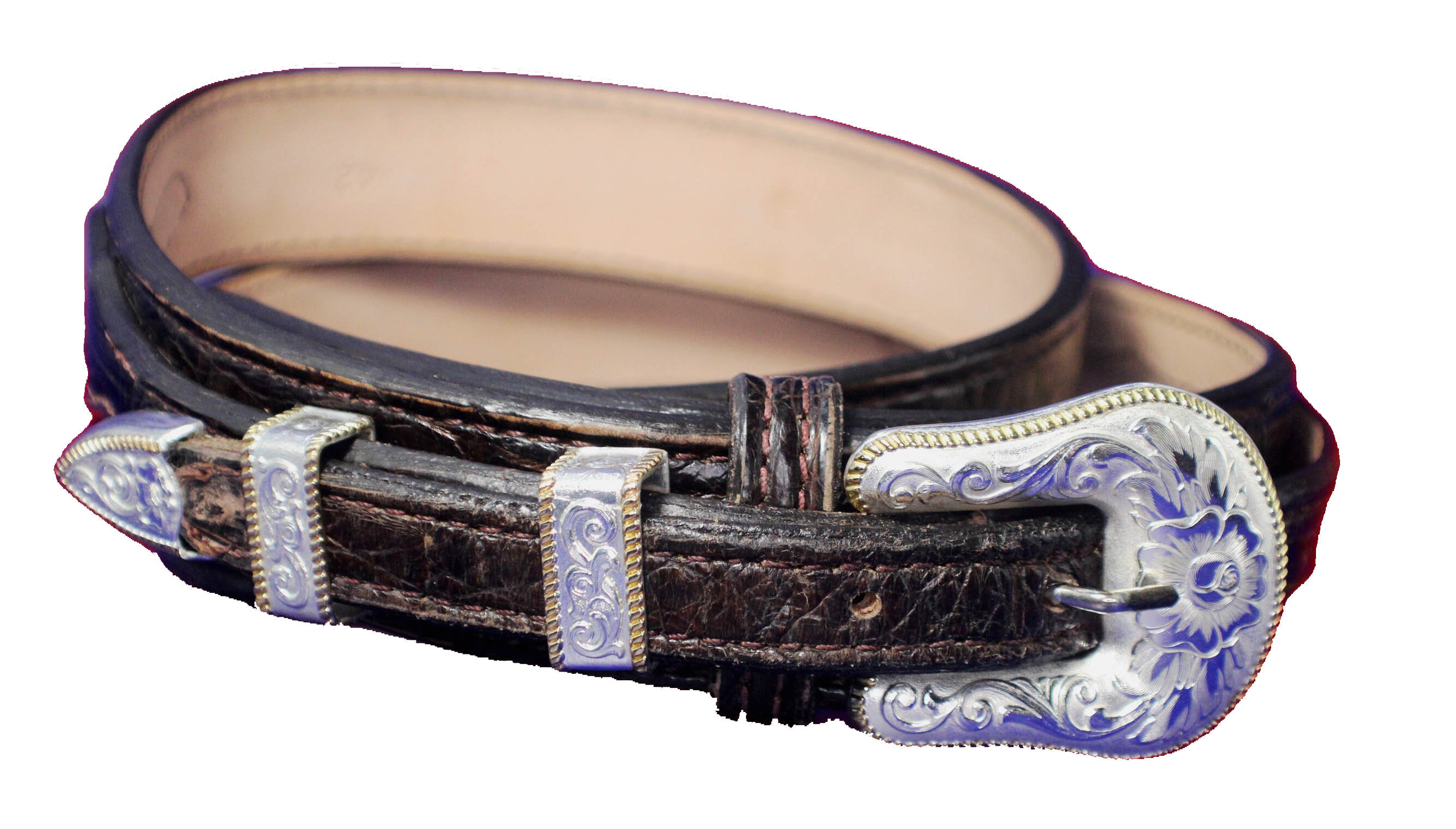 Alligator Leather Belt With 4 Piece Silver Buckle Set in  display picture 2