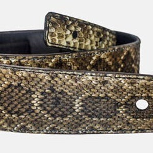 Real Texas Rattlesnake skin on 6 0zblack leather strap 2 1/2" wide and 48" long body with a 16" tail