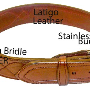 May include: A brown leather belt with a stainless steel buckle. The belt is made of latigo leather and English bridle leather.