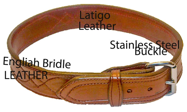 May include: A brown leather belt with a stainless steel buckle. The belt is made of latigo leather and English bridle leather.