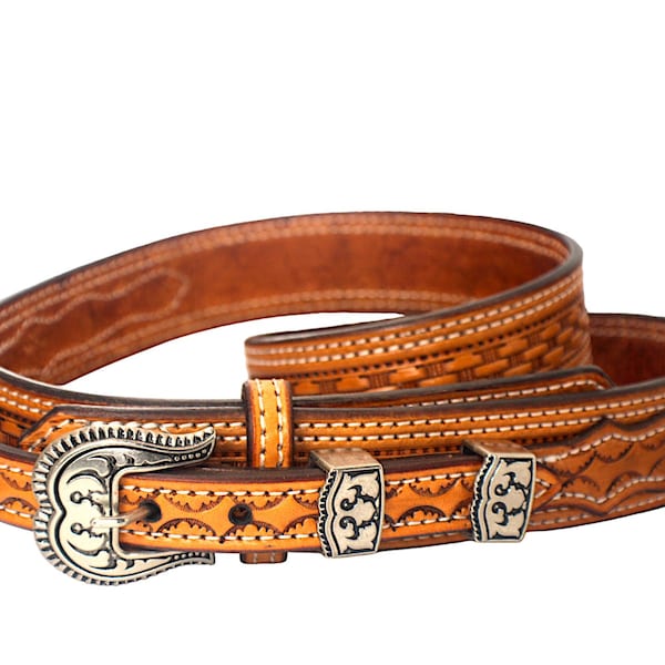 Leather Ranger dress belt in 3 widths and 3 colors with basket-weaved pattern and Double stitched