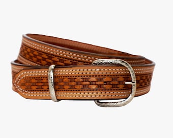 Cinturones de cuero para hombre, hechos a mano con doble costura y tejido de cesta en cuero Herman Oak.