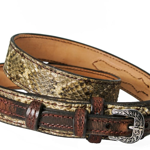Hand Embroidered, Vintage, Leather, brown Snake design Belt! Mens SNAKE Python Faux Print LEATHER WESTERN Buckle Cowboy  main image 2