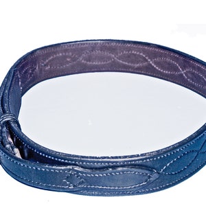 May include: A black leather belt with a stitched design and a metal buckle.