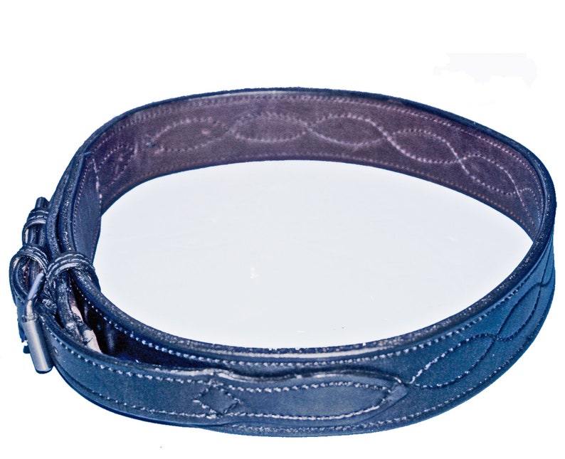 May include: A black leather belt with a stitched design and a metal buckle.