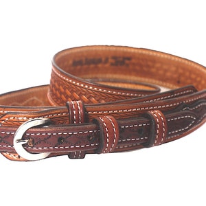 Custom handmade Ranger Belt one piece English Bridle leather  30 to 50 inches long 1 1\2 and 1 3\4 wide basket weaved duo color