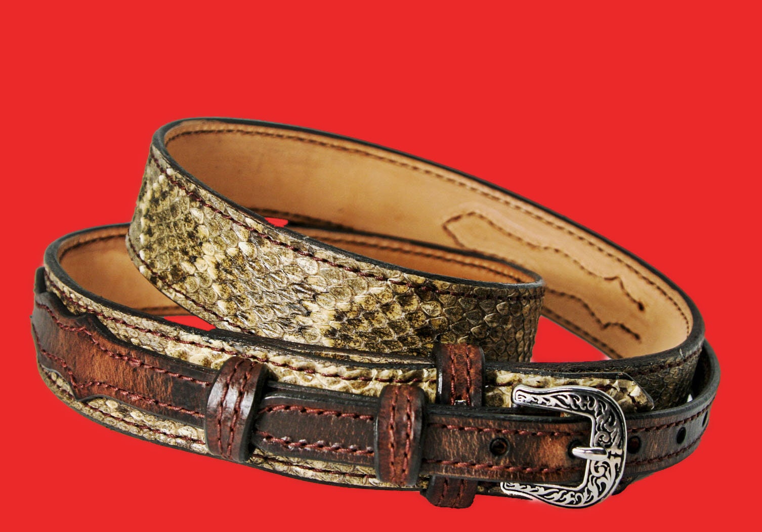 Genuine Rattle Snake Ranger Belt With Water Buffalo Billets  display picture 1