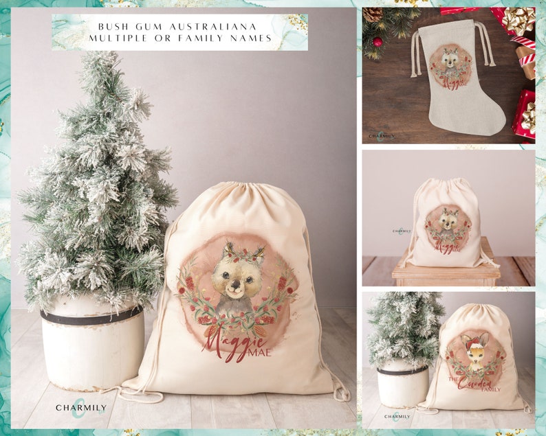 May include: A set of three personalized Christmas gift bags with a drawstring closure. The bags feature a watercolor illustration of an Australian animal with a wreath around its head. The bags are beige and have the names "Maggie Mae", "The Corden Family", and "Maggie" printed on them.
