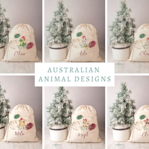 May include: Six personalized Christmas gift bags with Australian animal designs. The bags are made of natural canvas and feature a variety of animals, including a koala, a kookaburra, and a kangaroo. Each bag is decorated with a red and green watercolor design and has a name printed on the front.