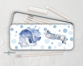 Whale Metal Tin | Pencil Case | Stationary Tin | Accessory Tin | Personalise with a name!