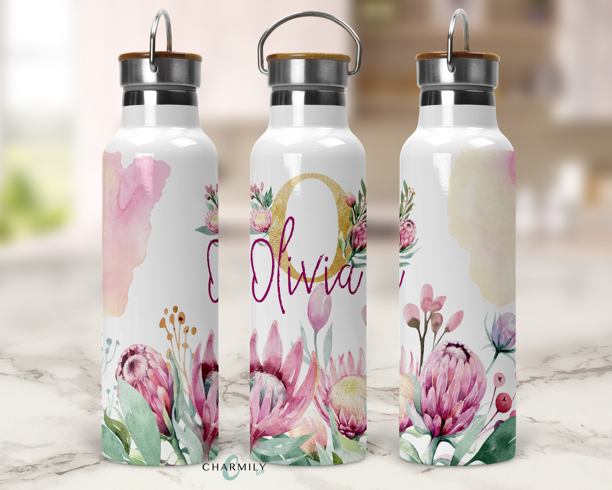 Vinous Floral Insulated Water Bottle | 750mls | Bamboo Handle Lid