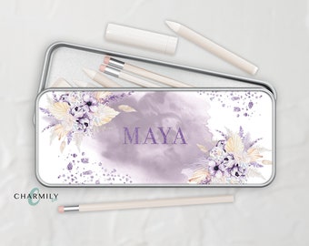 Whimsy Lilac Metal Tin | Pencil Case | Stationary Tin | Accessory Tin | Personalise with a name!