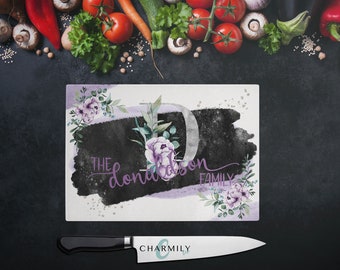 Purple Peony | Glass Chopping Board | Personalised