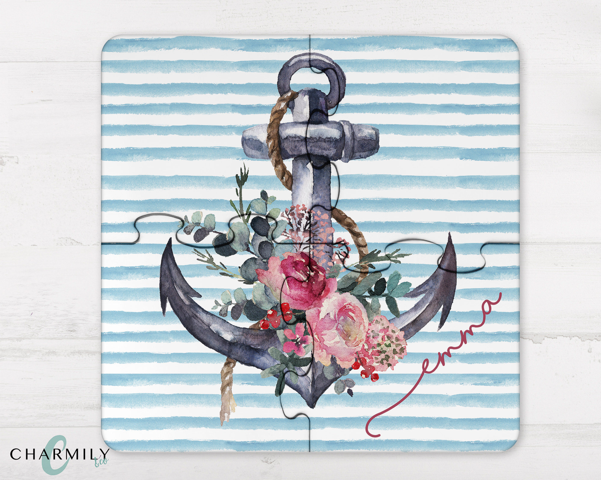 Floral Anchor | 4 Piece Wood Puzzle | Coaster Set | Personalised | Non-Personalised
