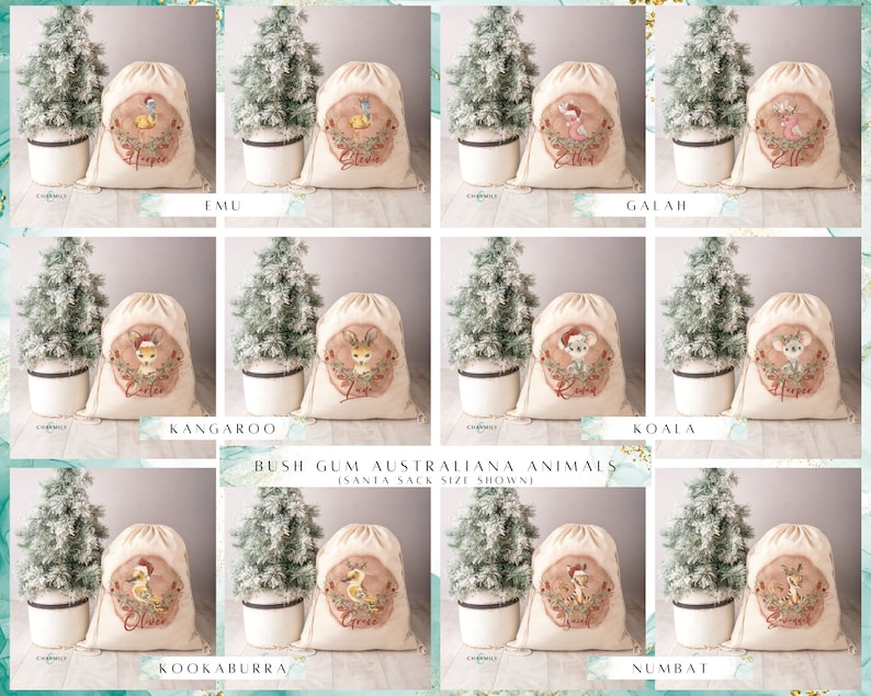 May include: Set of ten Christmas gift bags featuring Australian animals. Each bag is made of natural canvas fabric and features a different animal, including a koala, kangaroo, kookaburra, emu, and galah. The bags are decorated with a festive red and green color scheme and have a drawstring closure.