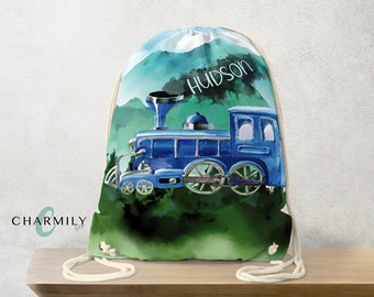 Train Gym Bag | Drawstring Bag | Drawstring Backpack | Personalised | Daycare | Library