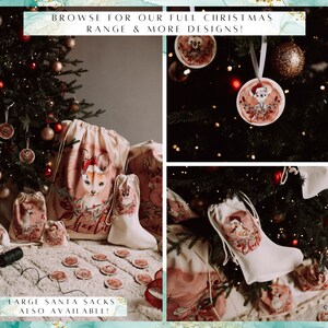 May include: A collection of Christmas gift bags with various animal illustrations. The bags are made of natural fabric and feature a drawstring closure. The bags are decorated with red and white accents and have the word "Charlie" written on them. The image also includes a Christmas tree decorated with ornaments and a sign that reads "Browse for our full Christmas range & more designs!" and "Large Santa sacks also available!"