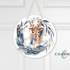 Reindeer | Santa Please Stop Here! Christmas Sign | Round Wooden Wall Art | Home Decor