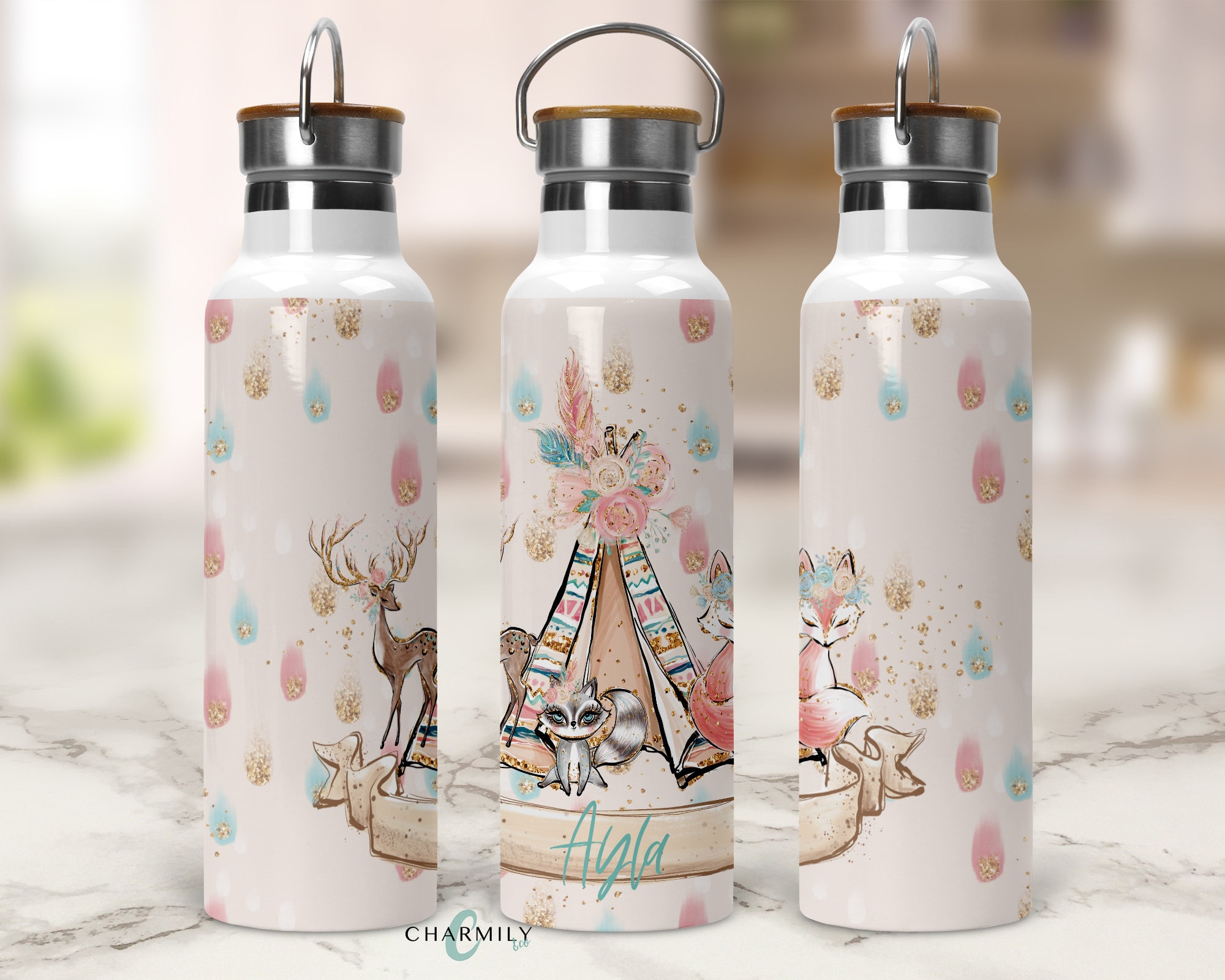 Boho Pink Insulated Water Bottle | 750mls | Bamboo Handle Lid