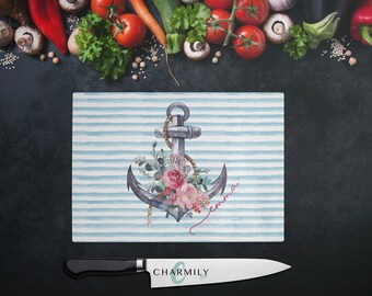 Floral Anchor | Glass Chopping Board | Personalised | Non-Personalised