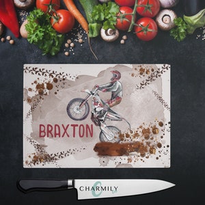 Dirtbike Madness Rectangle Glass Chopping Board | 2 Sizes! | Personalised | Homeware Kitchen Decor | Personalised Gift | Cutting Bread Board