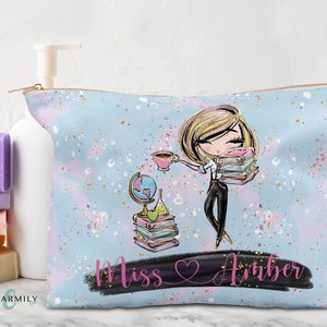 Teacher | Bookstack | Storage Pouch | Pencil Case | Cosmetic Bag | Travel Pouch | Rose Gold, Gold or Silver Zip! | Personalised | Non-Pers