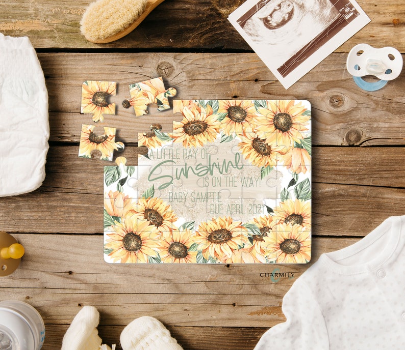 Sunflower Little Ray of Sunshine 30 Piece Wood Puzzle A4 Pregnancy Baby Announcement Boy Girl Grandparents Sibling image 1
