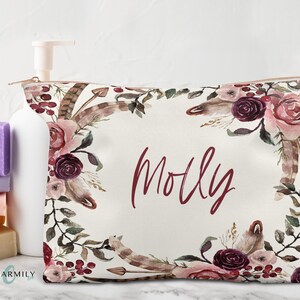 Bohemian Floral | Storage Pouch | Pencil Case | Cosmetic Bag | Travel Pouch | Rose Gold, Gold or Silver Zip! | Personalised