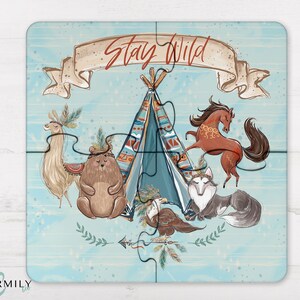 Boho Blue | 4 Piece Wood Puzzle | Coaster Set | Personalised | Non-Personalised