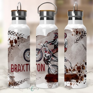 Dirtbike Insulated Water Bottle | 750mls | Bamboo Handle Lid | Personalised | Non-Personalised | Eco Friendly Drink Bottle