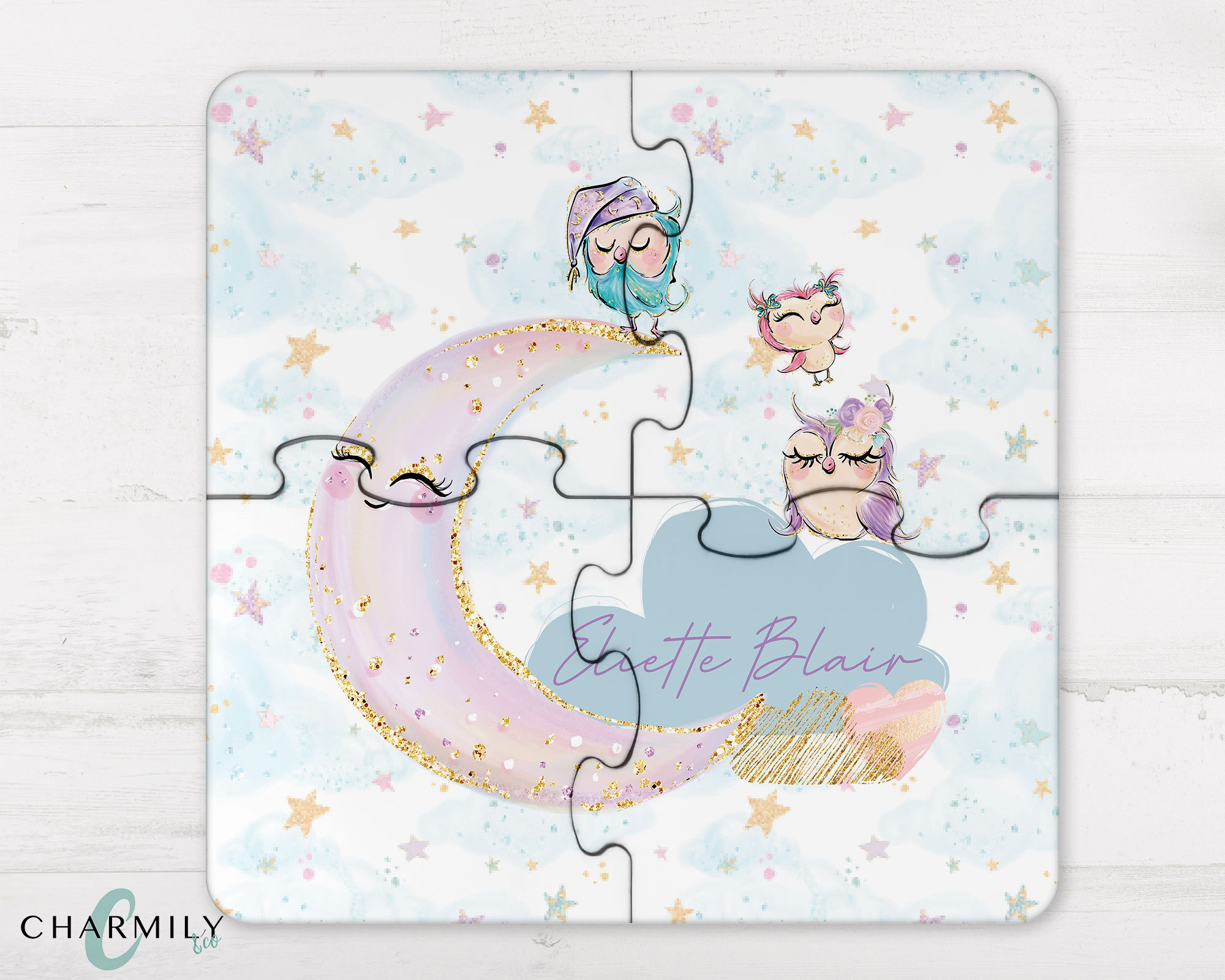 Owl & Moon | 4 Piece Wood Puzzle | Coaster Set | Personalised | Non-Personalised