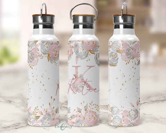 Pretty in Pink Insulated Water Bottle 750mls Bamboo Handle Lid Personalised  Monogram Eco Friendly Drink Bottle 