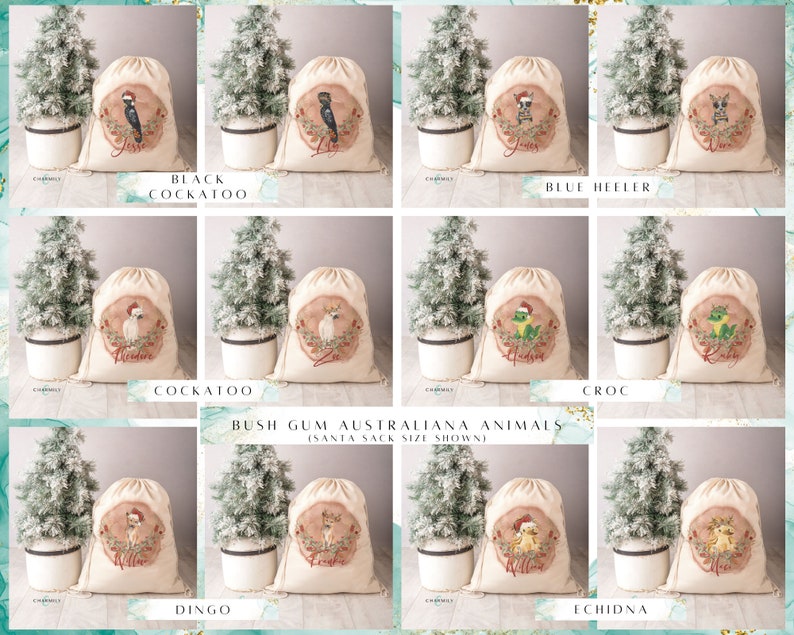 May include: Set of ten Christmas gift bags featuring Australian animals. Each bag is made of natural canvas fabric and features a different animal illustration, including a black cockatoo, blue heeler, cockatoo, crocodile, dingo, and echidna. The bags are decorated with a red and white Christmas theme.