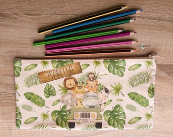 Safari Pencil Case | Personalise with your name! | Lion | Elephant | Hippo | Zebra | Girraffe | Monkey