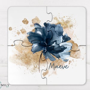 Navy Flower | 4 Piece Wood Puzzle | Coaster Set | Personalised | Non-Personalised