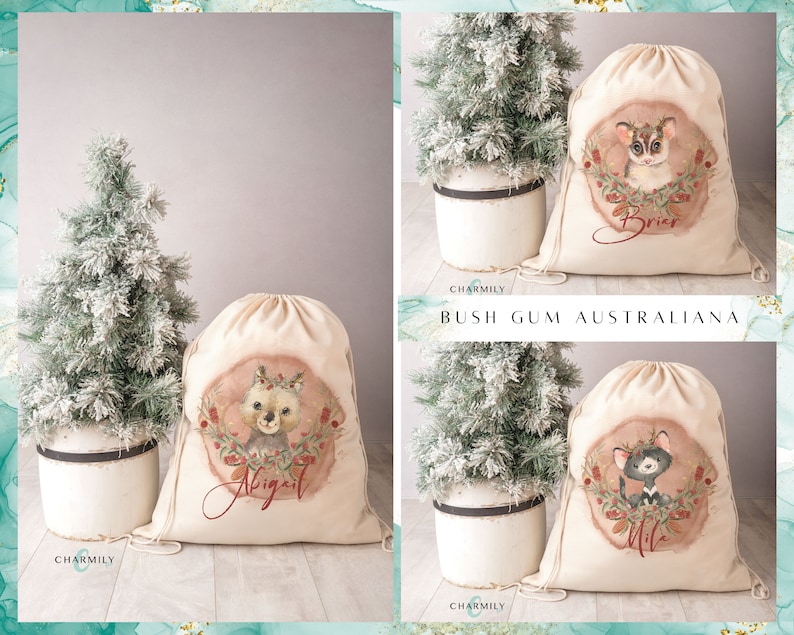 May include: Three personalized Christmas gift bags with drawstring closures. Each bag features a different Australian animal illustration with a watercolor effect. The bags are beige with red and green accents. The names "Abigail", "Brier", and "Mila" are printed on the bags.